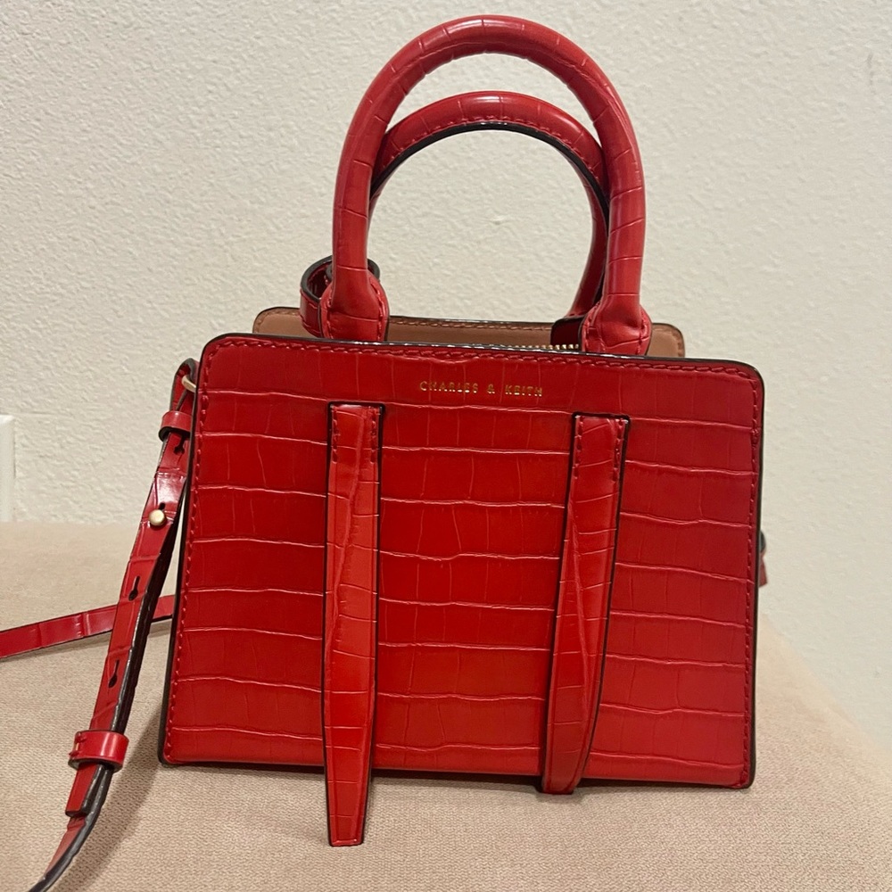 Charles & Keith Red Top Handle Bag | Croc-embossing | Never Used - Picture 3 of 6